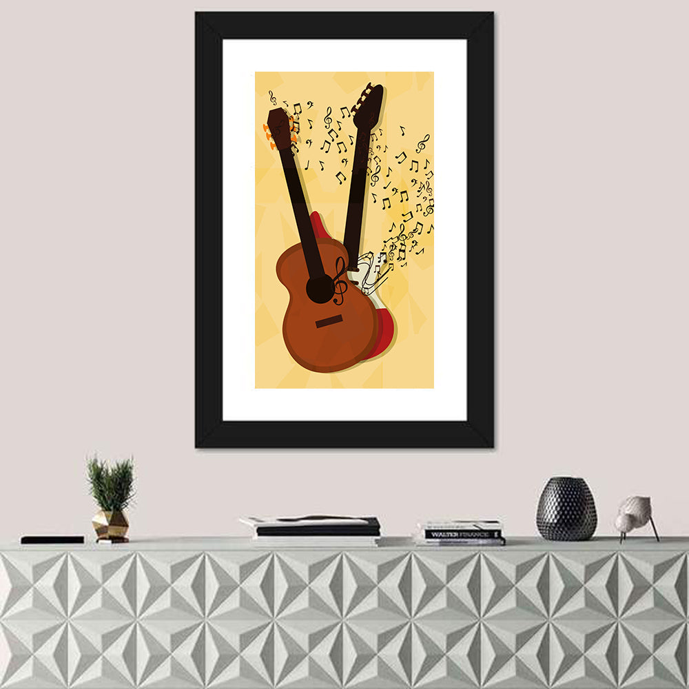 Twin Neck Guitar Illustration Wall Art in a room, portrait