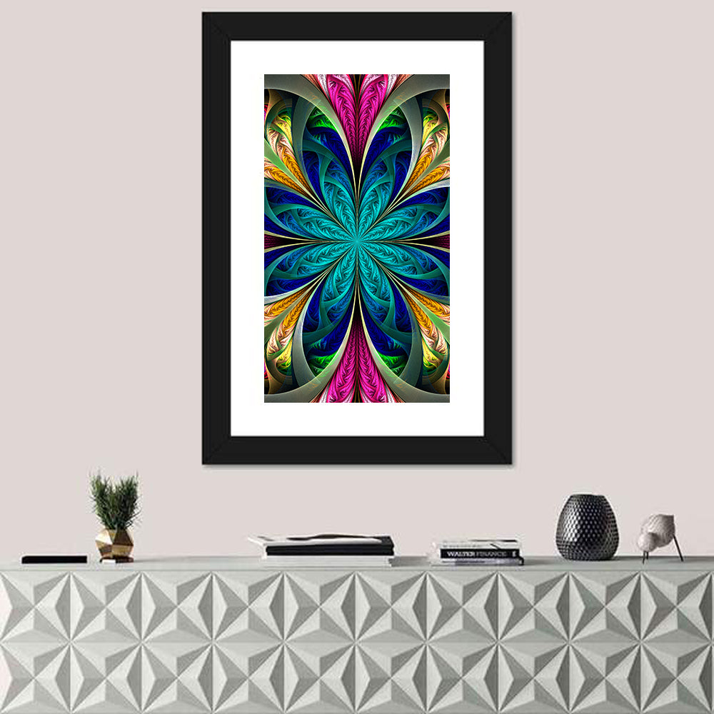 Kaleidoscope Fractal Blossom Wall Art in a room, portrait