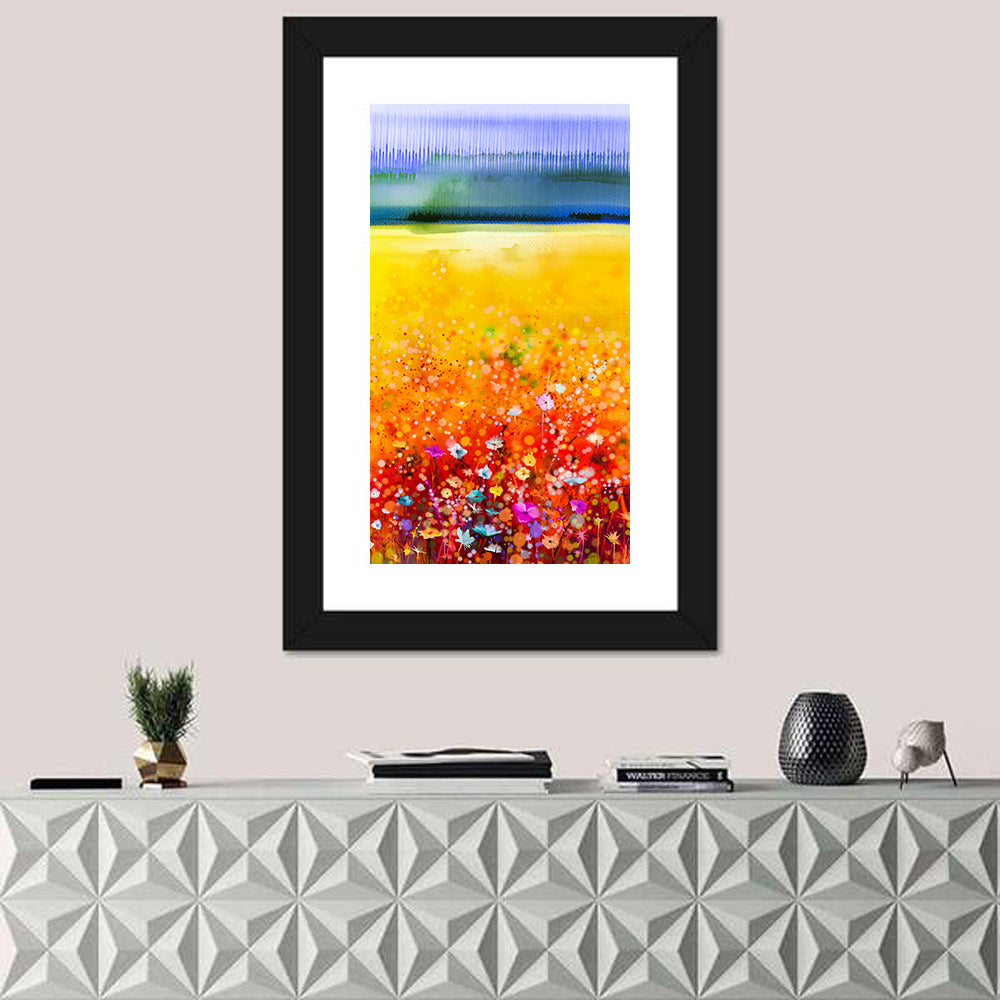 Cosmos Meadow Watercolor Wall Art in a room, portrait