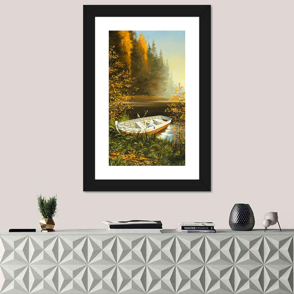 Boat with Straw Hat on Lake Bank Wall Art