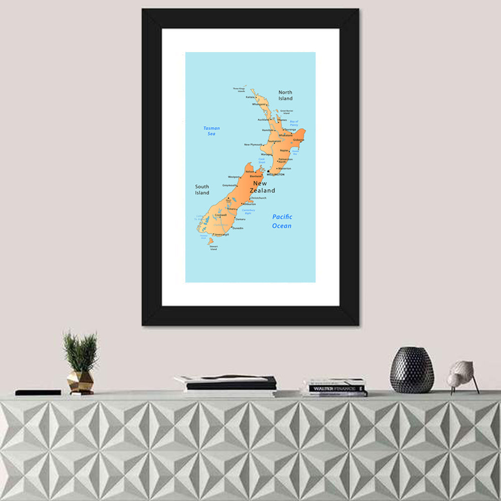 New Zealand Cartographic Map Wall Art in a room, portrait
