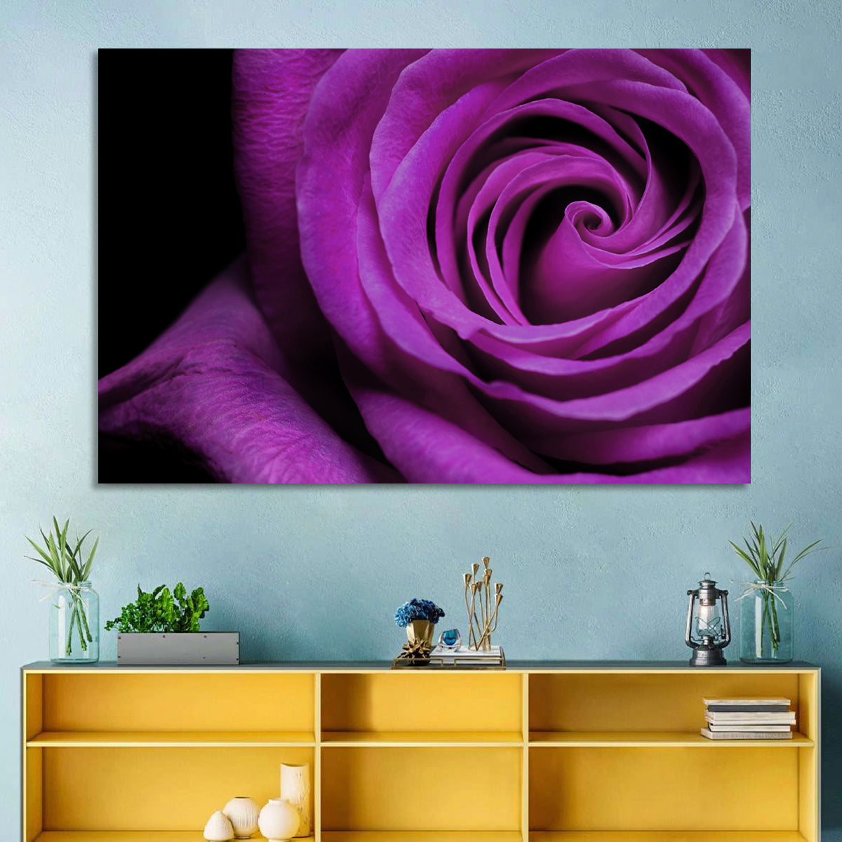 Purple Rose Close-up Wall Art in a room, landscape