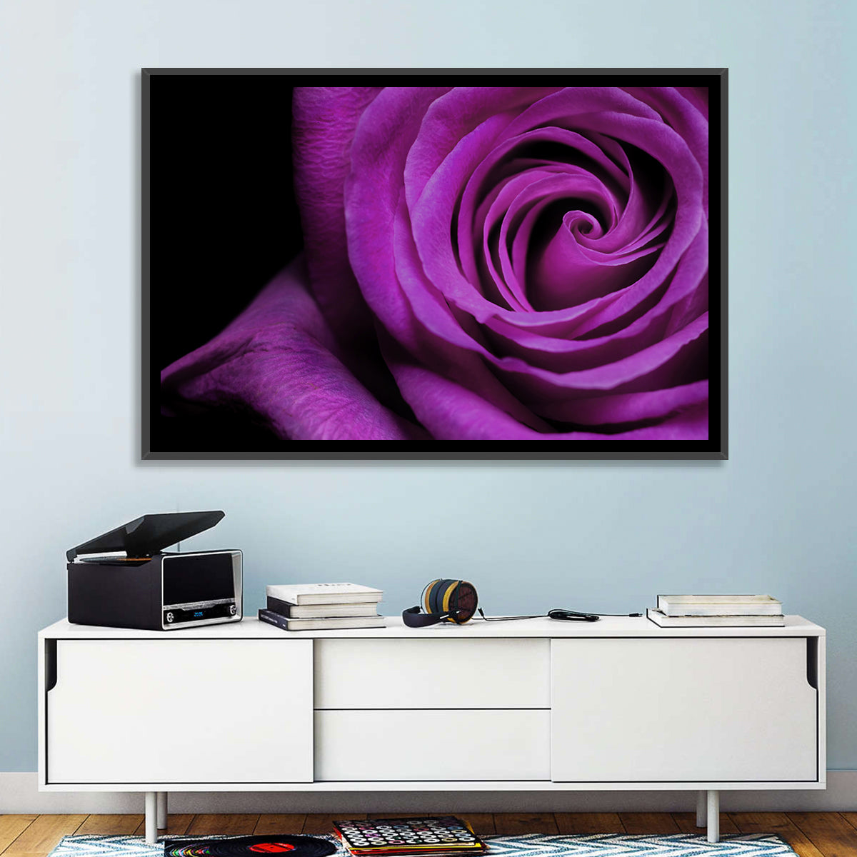 Purple Rose Close-up Wall Art in a room, landscape