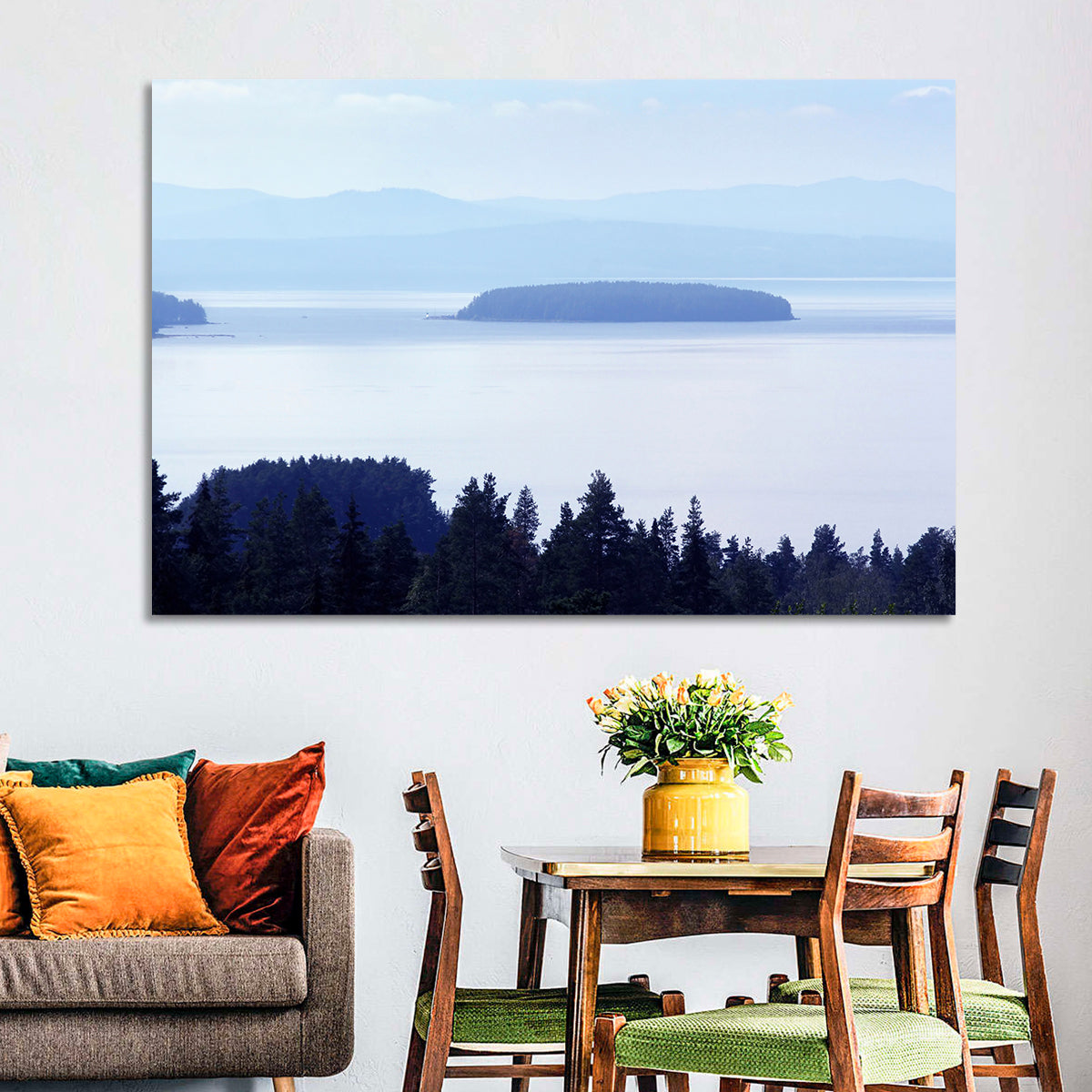 Dalarna Mist with Lighthouse Wall Art in a room, landscape