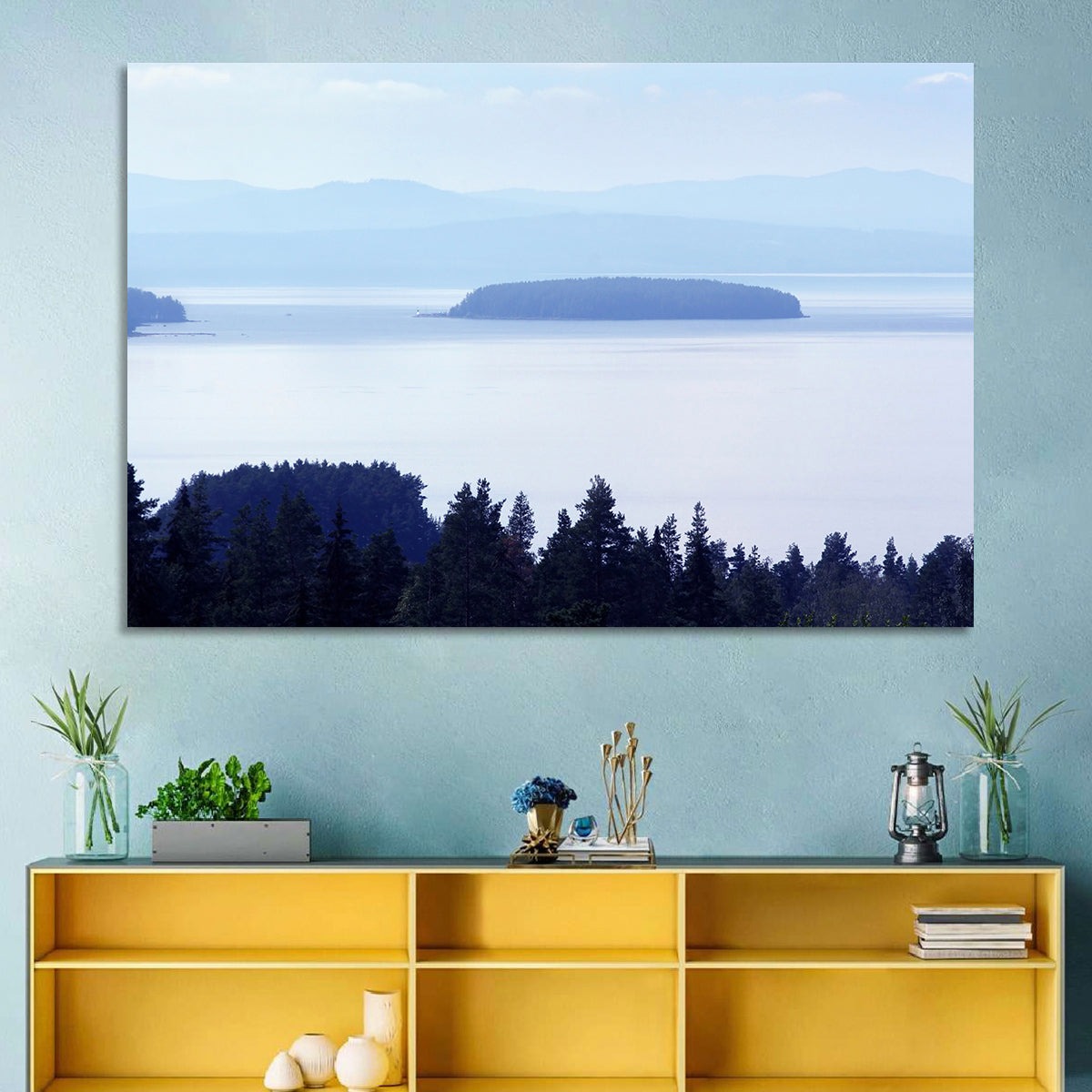 Dalarna Mist with Lighthouse Wall Art in a room, landscape