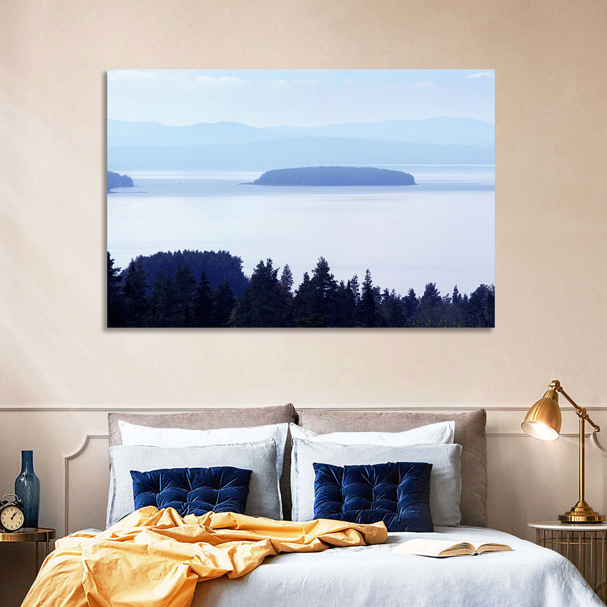 Dalarna Mist with Lighthouse Wall Art in a room, landscape