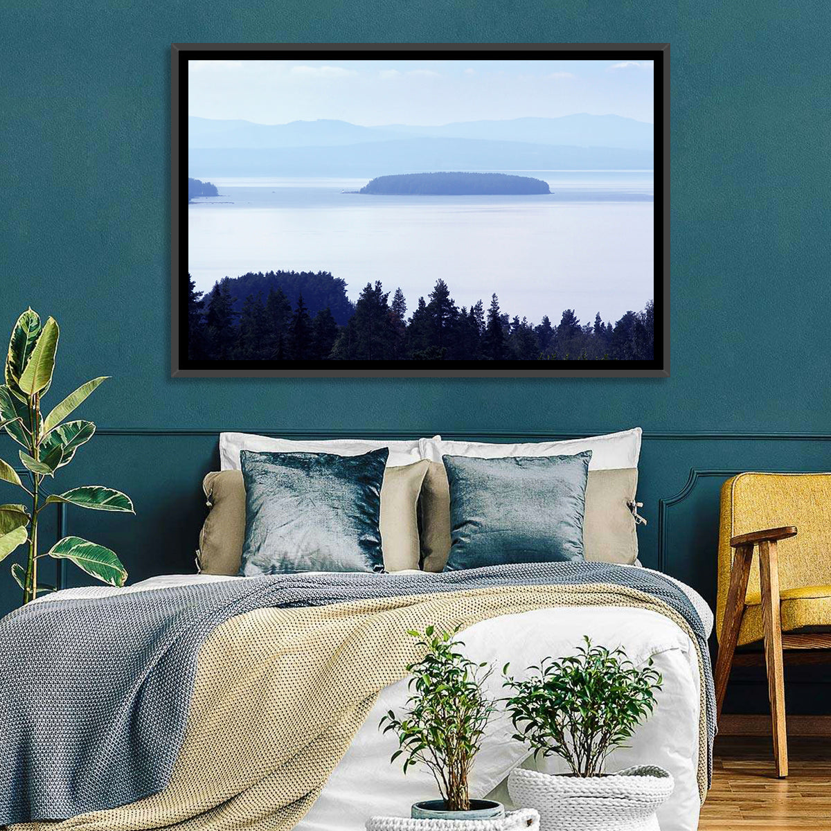 Dalarna Mist with Lighthouse Wall Art in a room, landscape