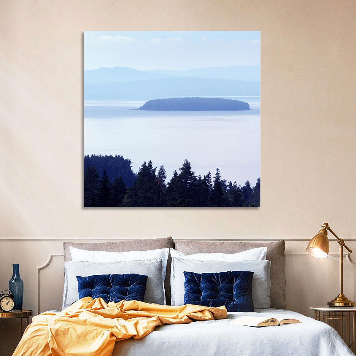 Dalarna Mist with Lighthouse Wall Art in a room, landscape