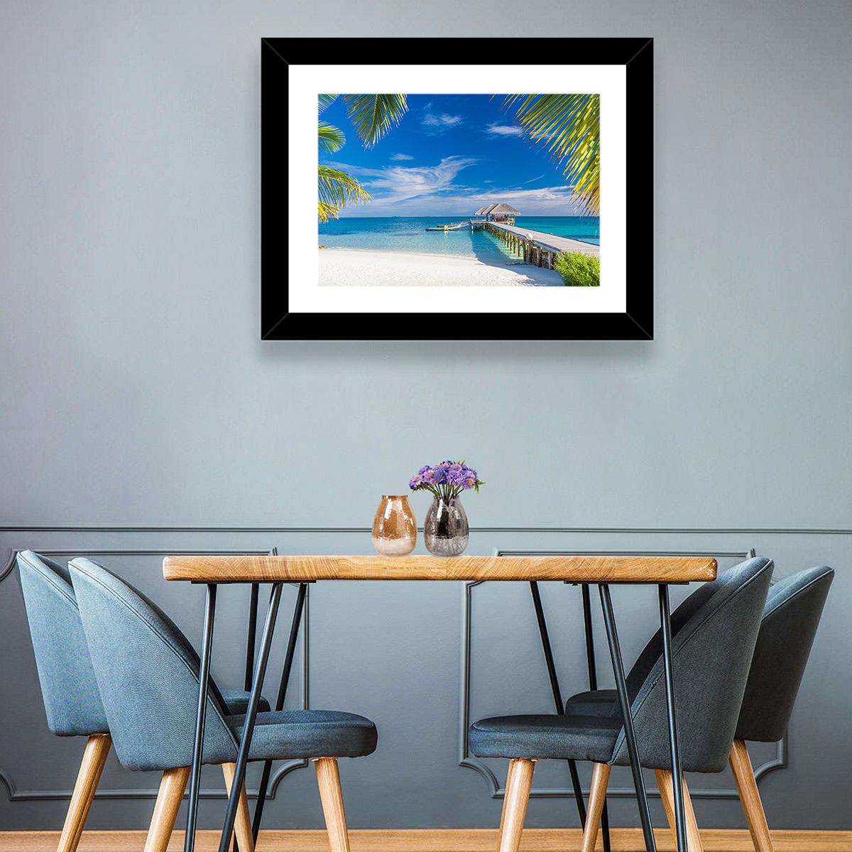 Maldives Overwater Pier Wall Art in a room, landscape