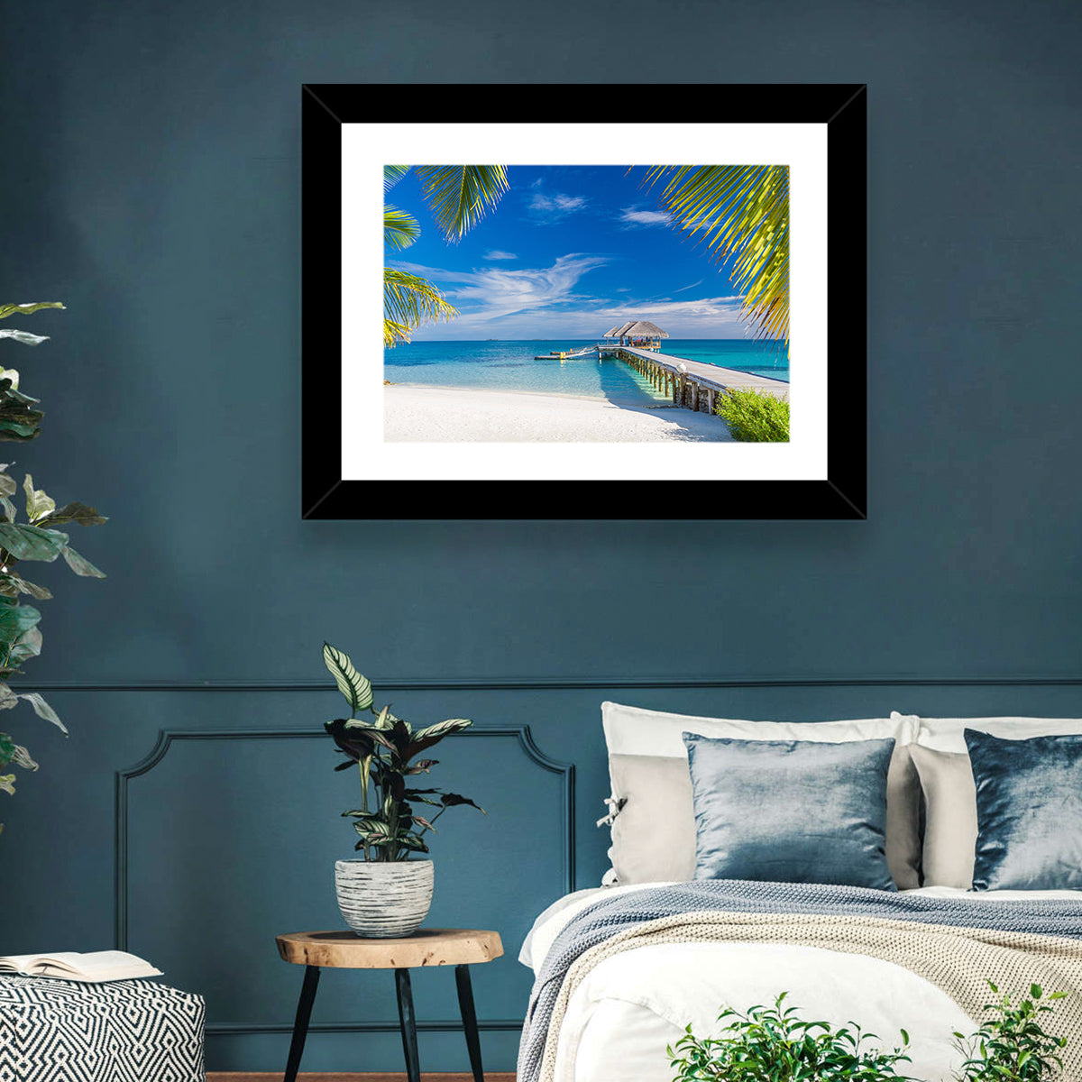 Maldives Overwater Pier Wall Art in a room, landscape