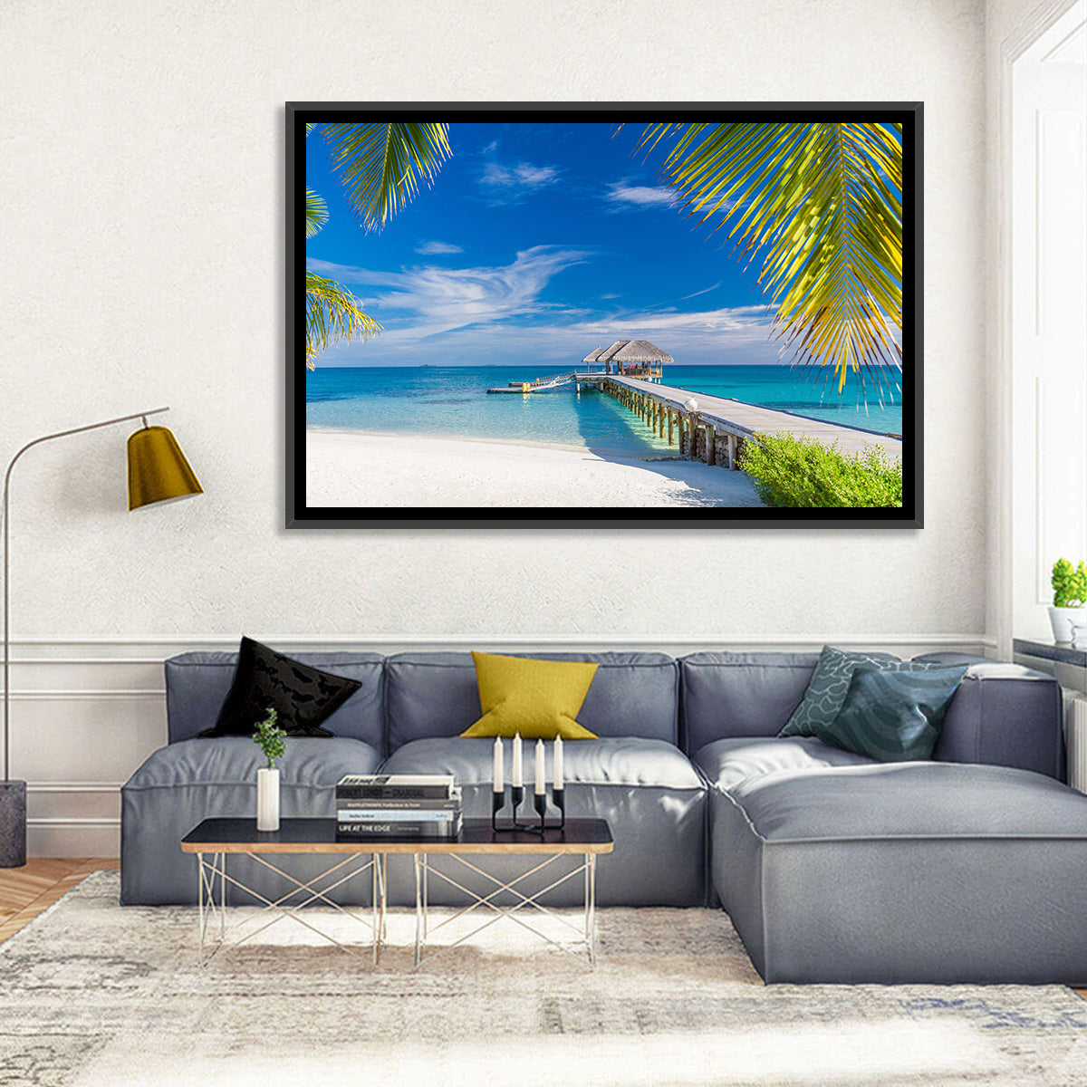Maldives Overwater Pier Wall Art in a room, landscape