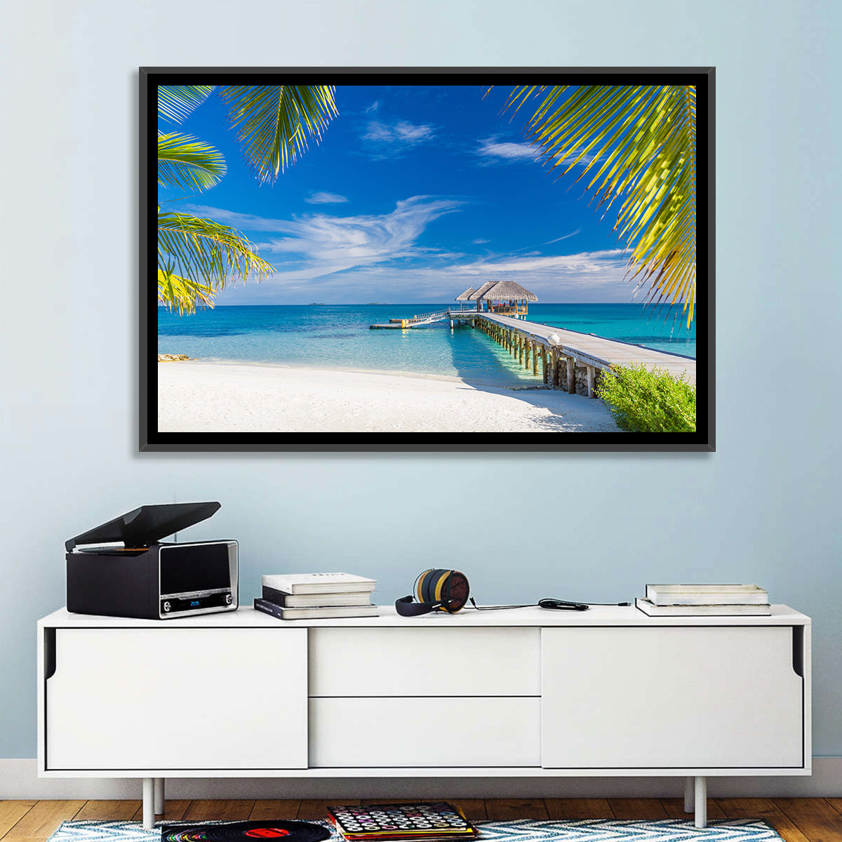 Maldives Overwater Pier Wall Art in a room, landscape