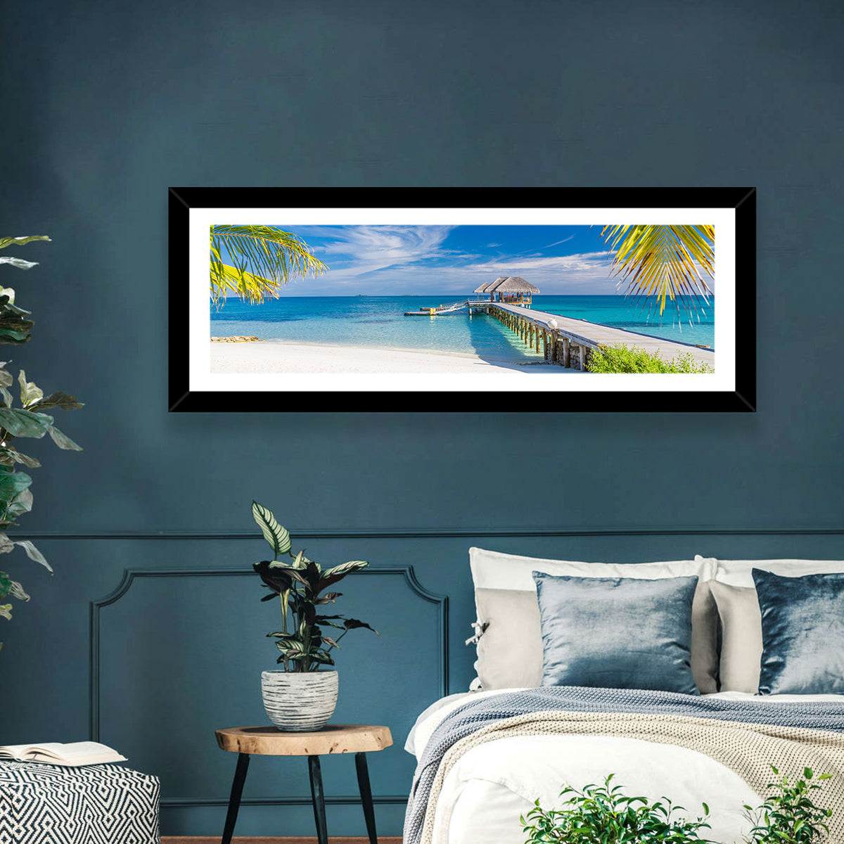 Maldives Overwater Pier Wall Art in a room, landscape