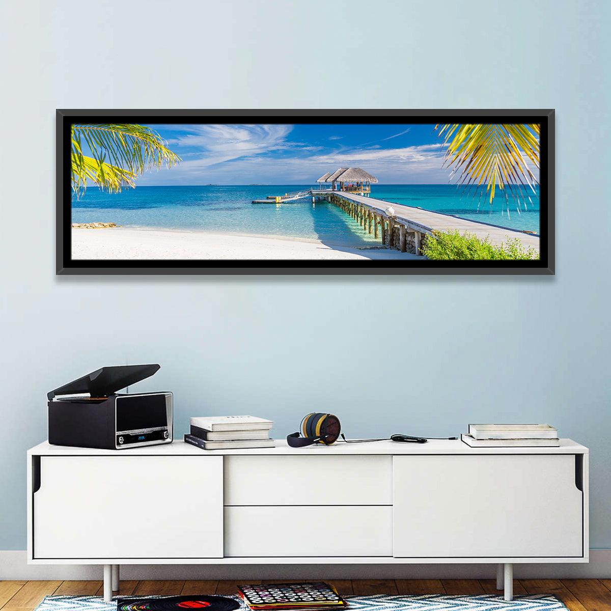 Maldives Overwater Pier Wall Art in a room, landscape