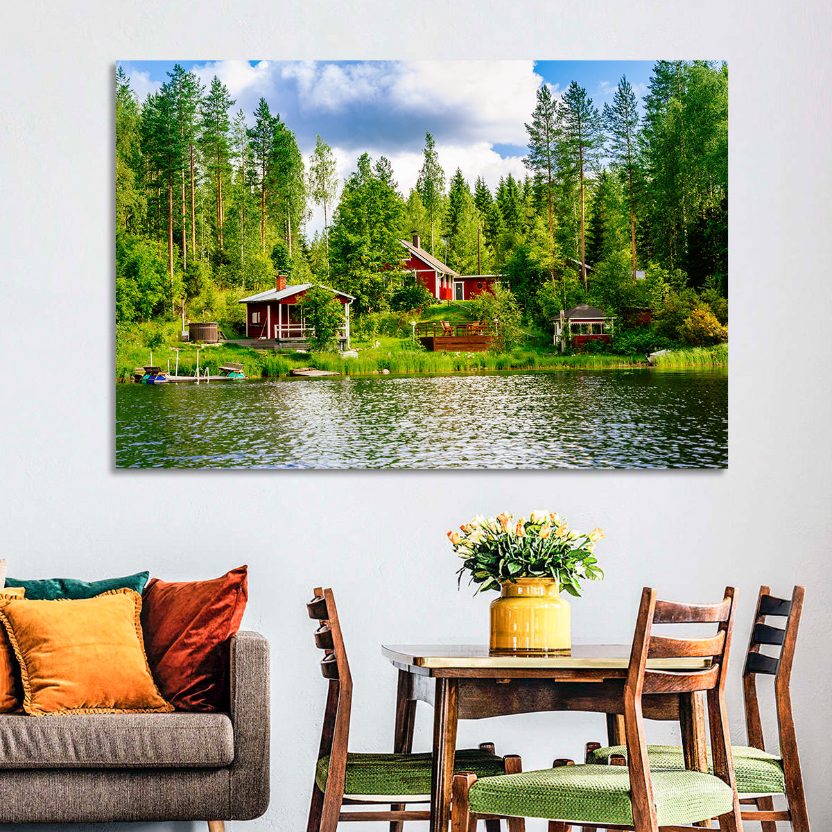 Finnish Lakeside Cottages Wall Art in a room, landscape