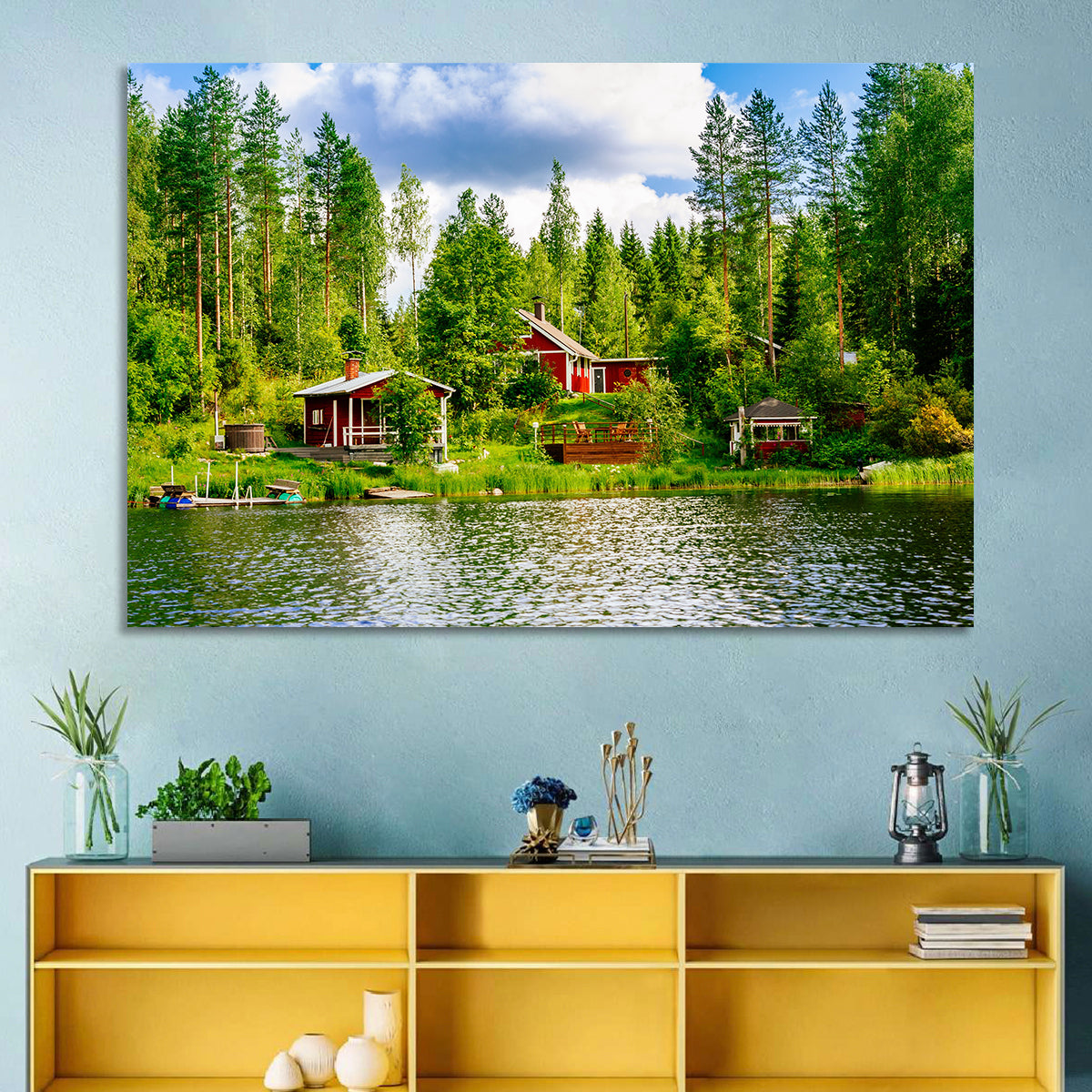 Finnish Lakeside Cottages Wall Art in a room, landscape
