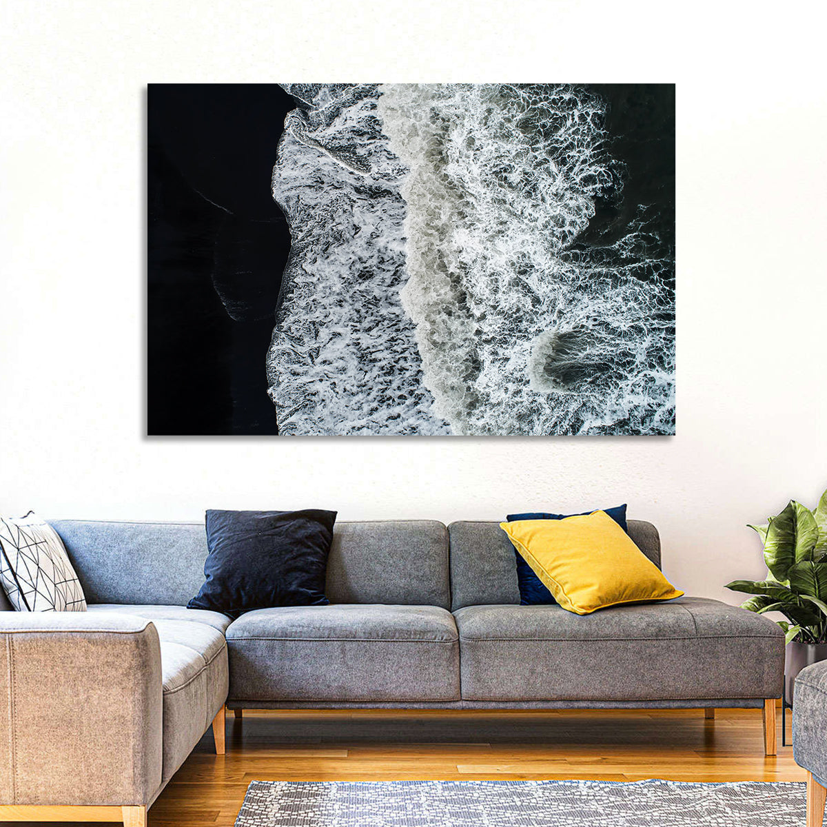 Aerial Black Sand Shoreline Wall Art in a room, landscape