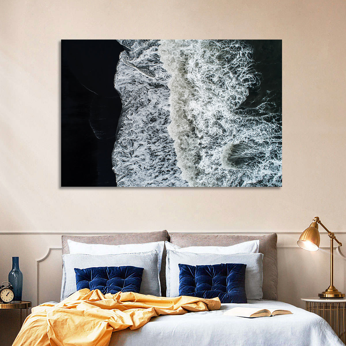 Aerial Black Sand Shoreline Wall Art in a room, landscape