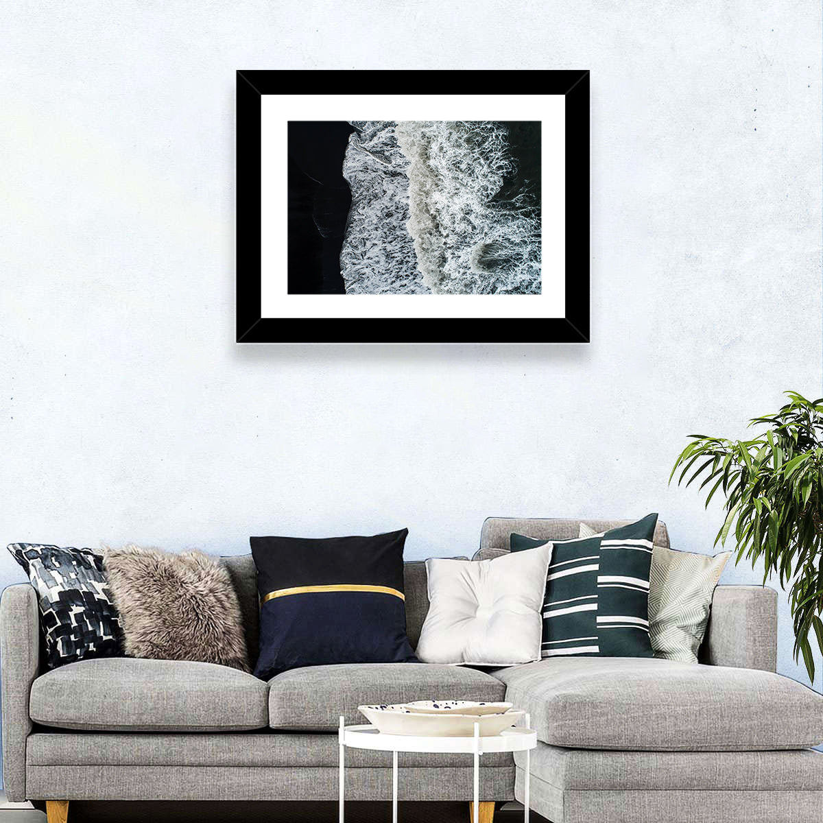 Aerial Black Sand Shoreline Wall Art in a room, landscape