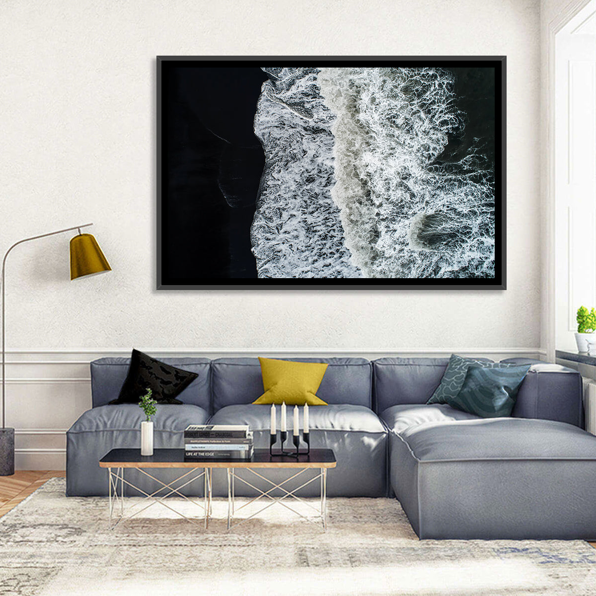 Aerial Black Sand Shoreline Wall Art in a room, landscape