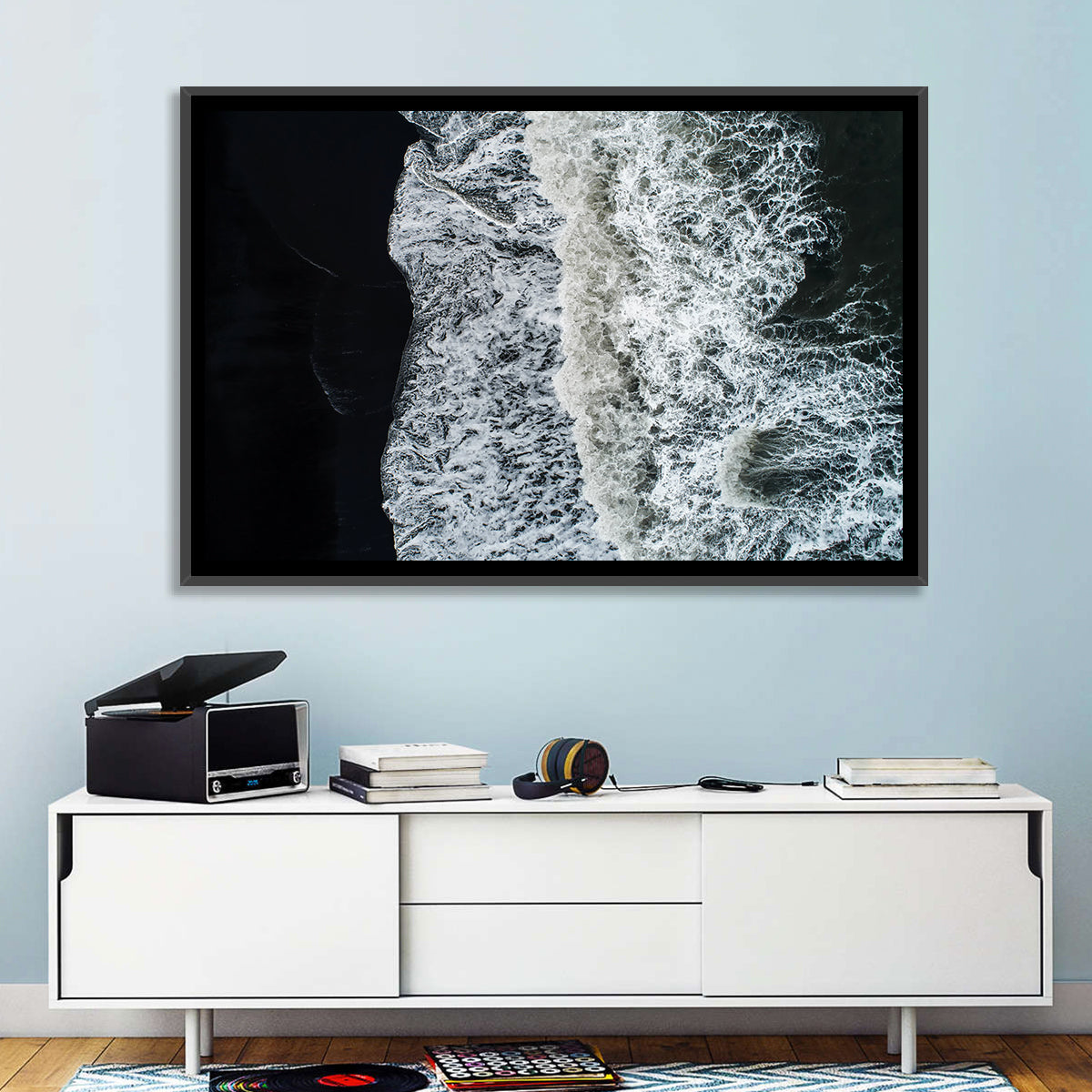 Aerial Black Sand Shoreline Wall Art in a room, landscape