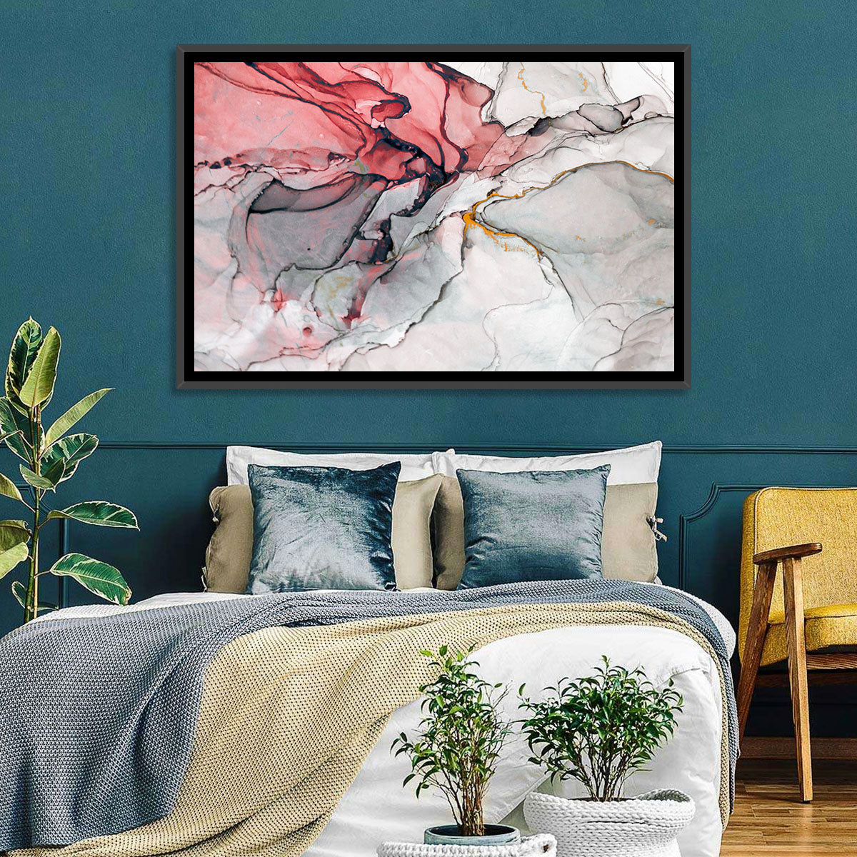 Pink Gray Marble with Gold Veins Wall Art in a room, landscape