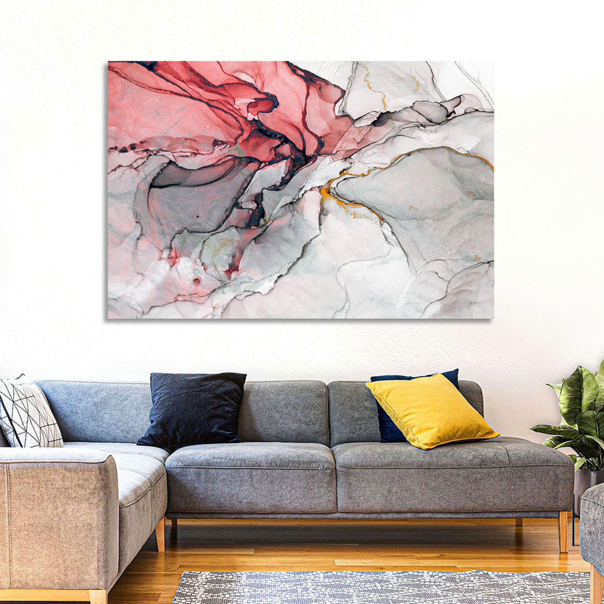 Pink Gray Marble with Gold Veins Wall Art in a room, landscape