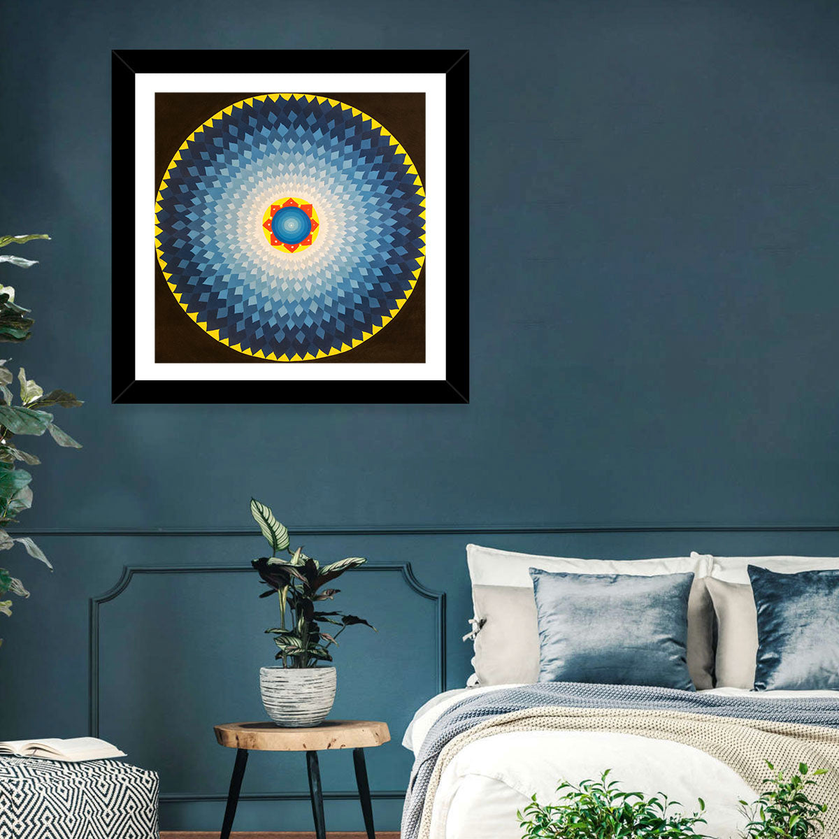 Radiant Blue Sunburst Mandala Wall Art in a room, square
