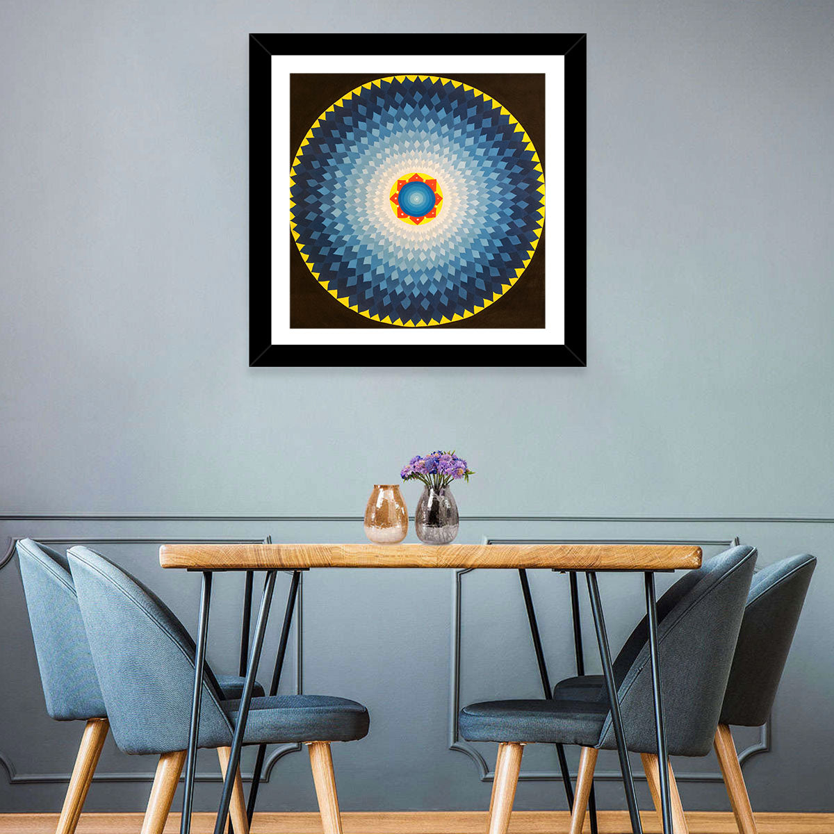 Radiant Blue Sunburst Mandala Wall Art in a room, square