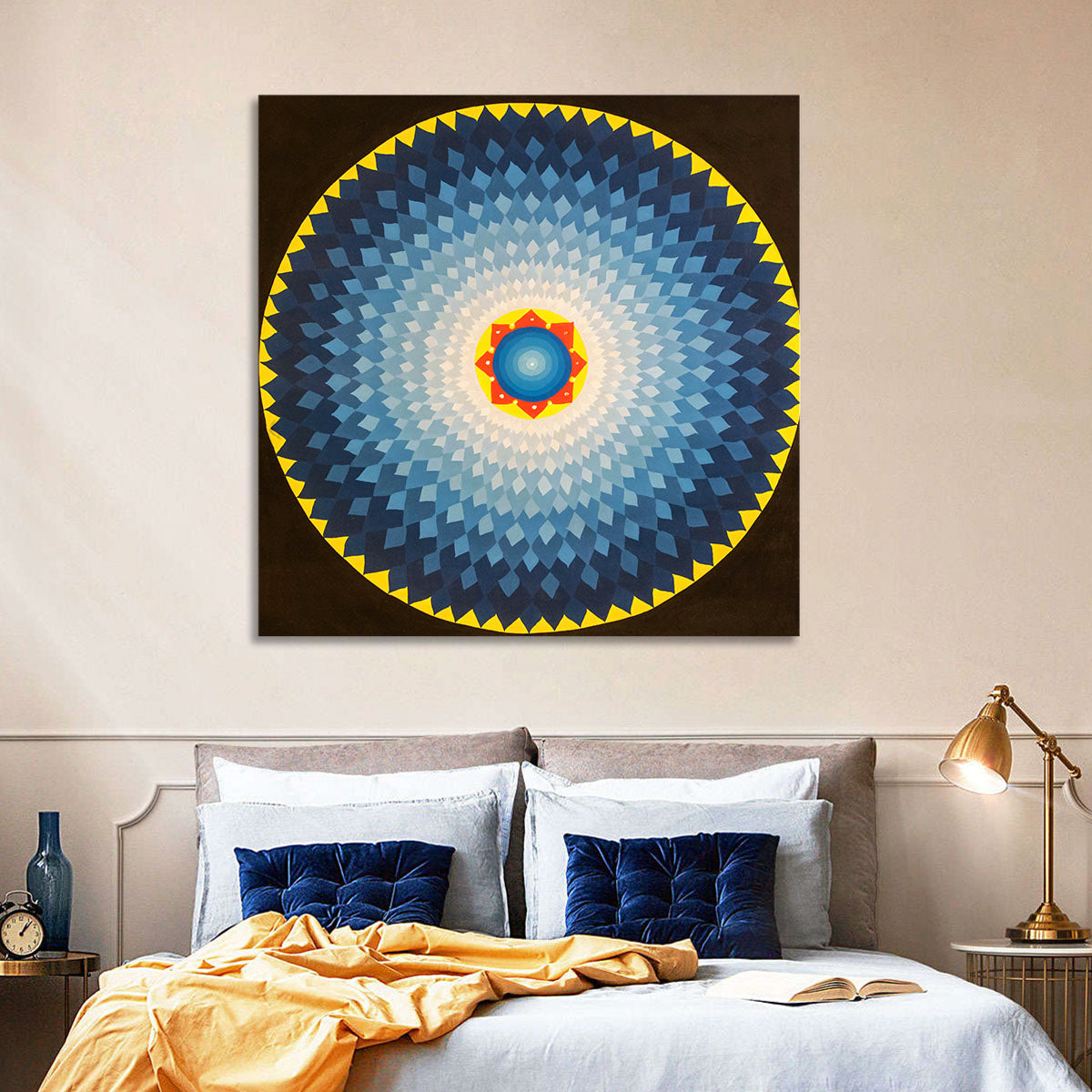 Radiant Blue Sunburst Mandala Wall Art in a room, square
