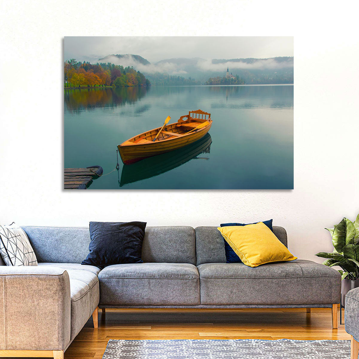 Foggy Bled Lake Boat Wall Art