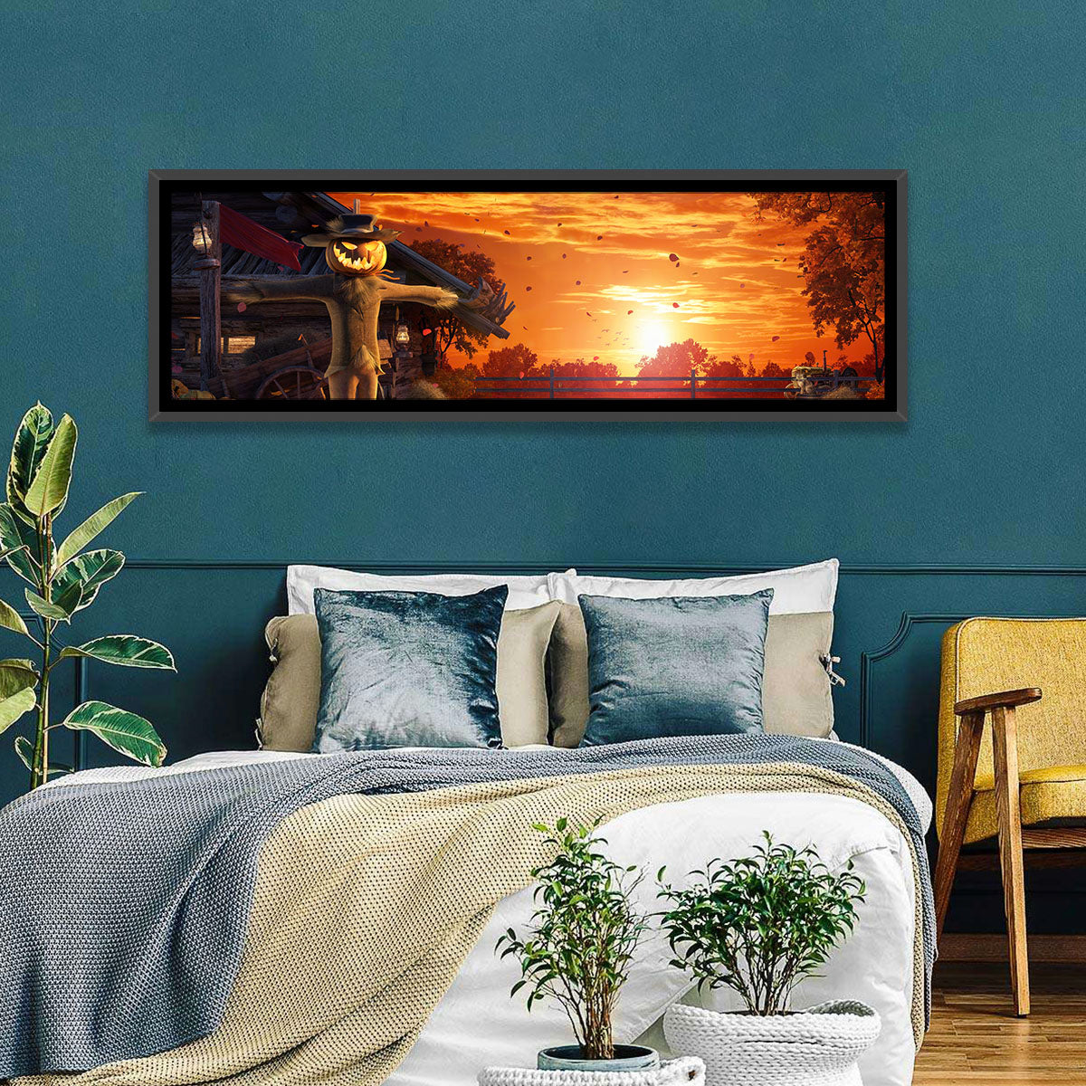 Glowing Pumpkin Scarecrow at Dusk Wall Art