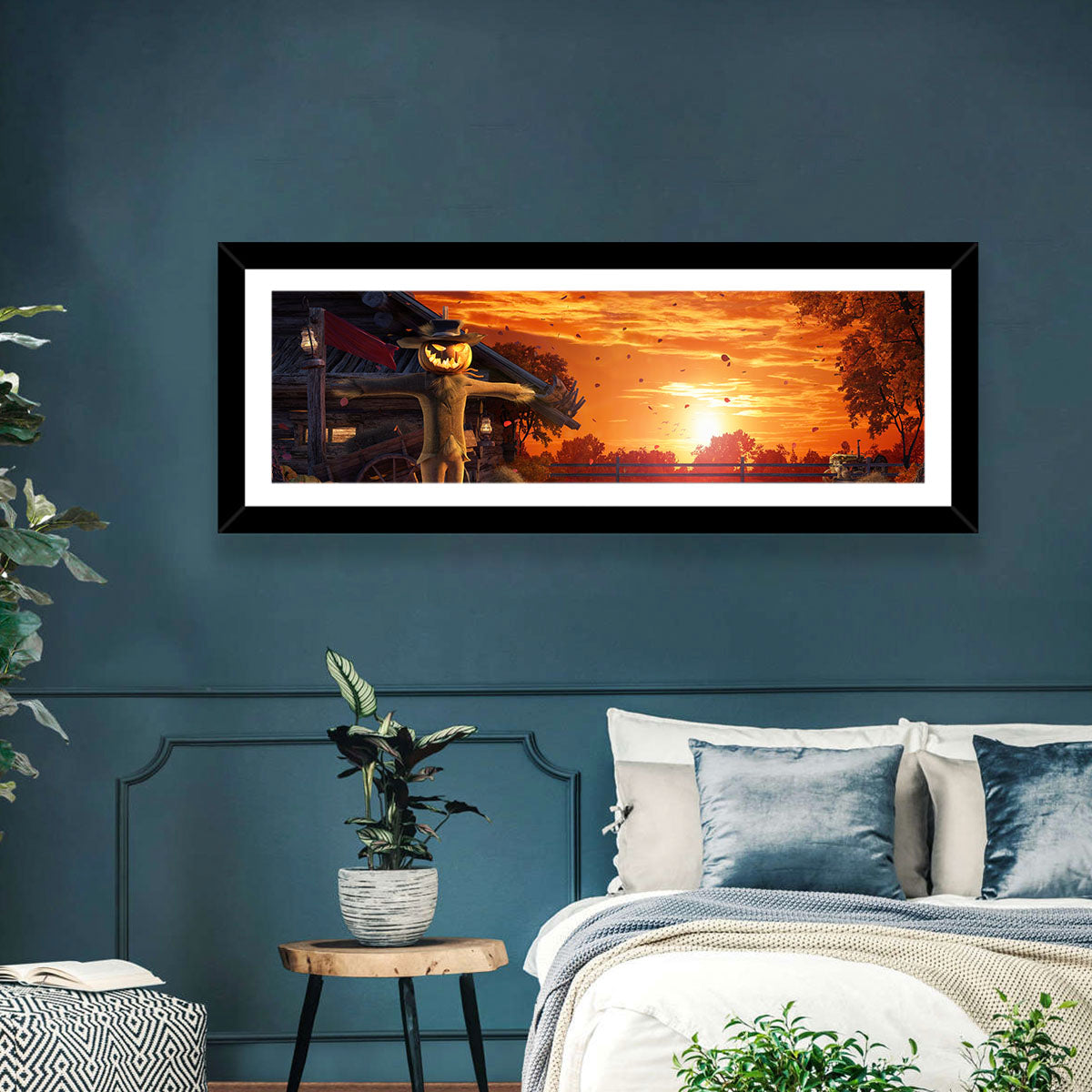 Glowing Pumpkin Scarecrow at Dusk Wall Art