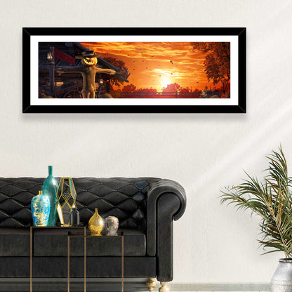 Glowing Pumpkin Scarecrow at Dusk Wall Art
