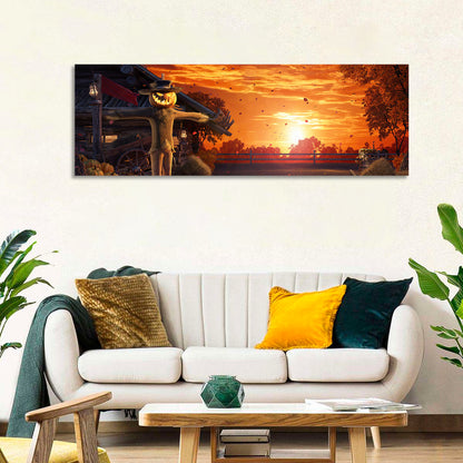 Glowing Pumpkin Scarecrow at Dusk Wall Art
