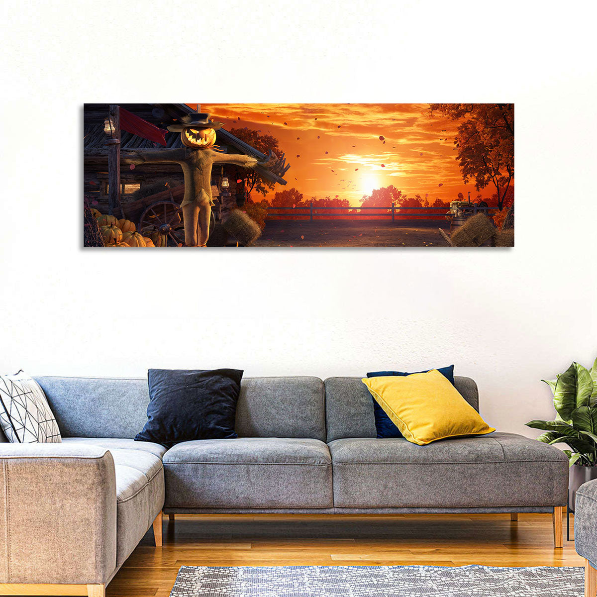 Glowing Pumpkin Scarecrow at Dusk Wall Art
