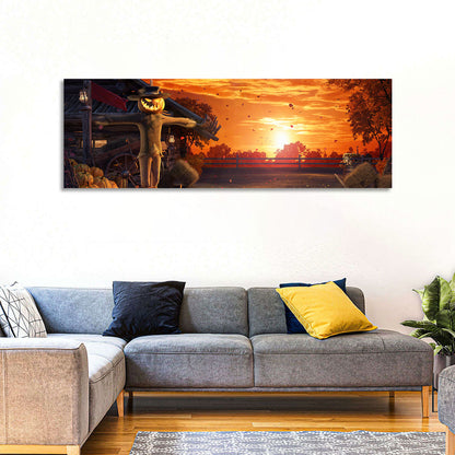 Glowing Pumpkin Scarecrow at Dusk Wall Art