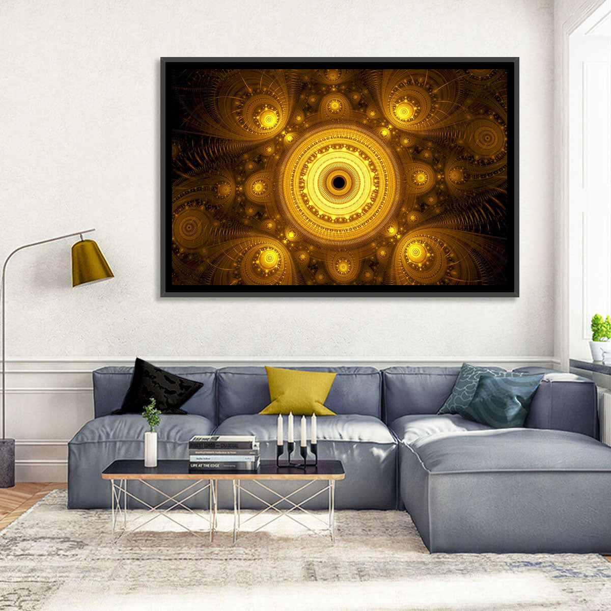 Golden Fractal Mandala Wall Art in a room, landscape
