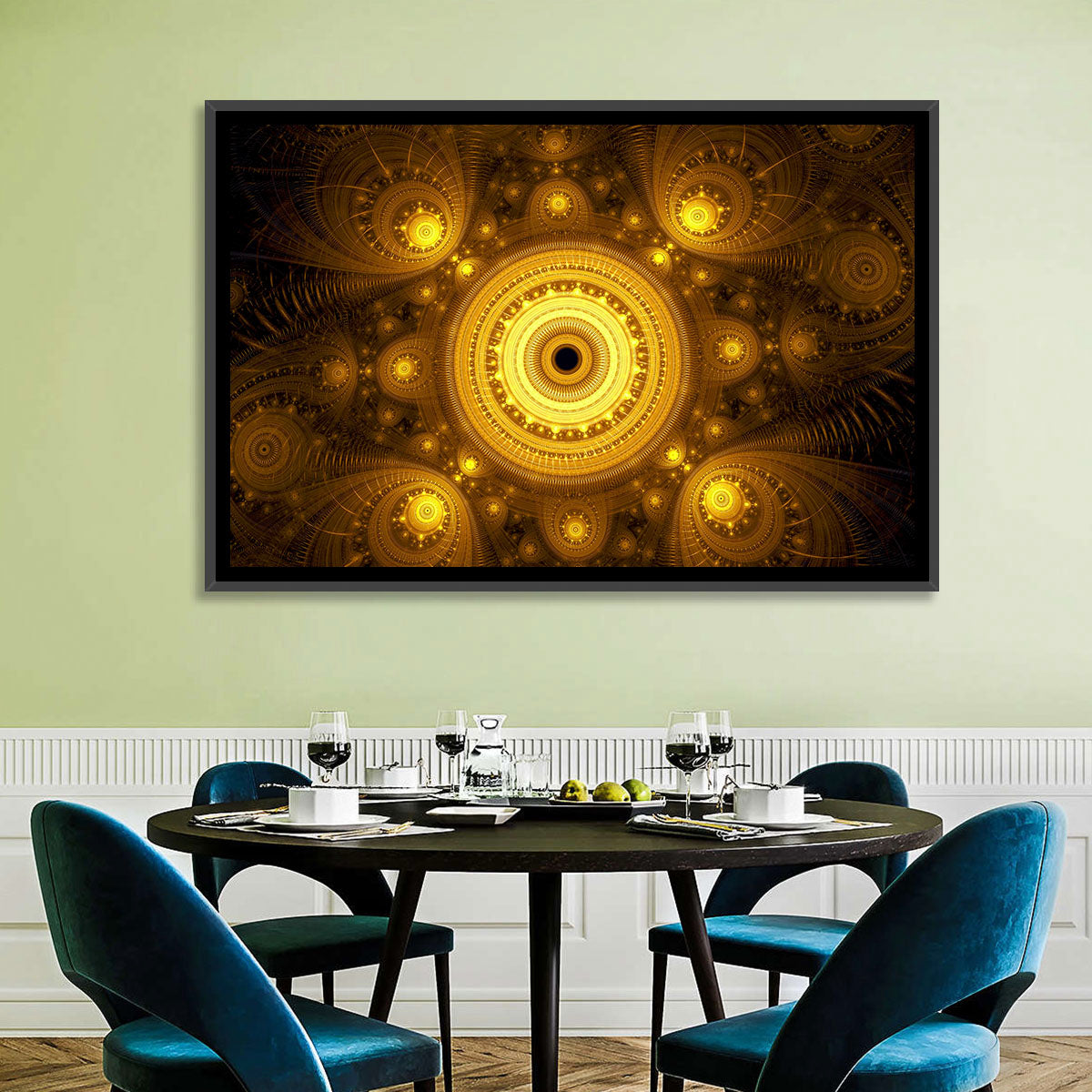Golden Fractal Mandala Wall Art in a room, landscape