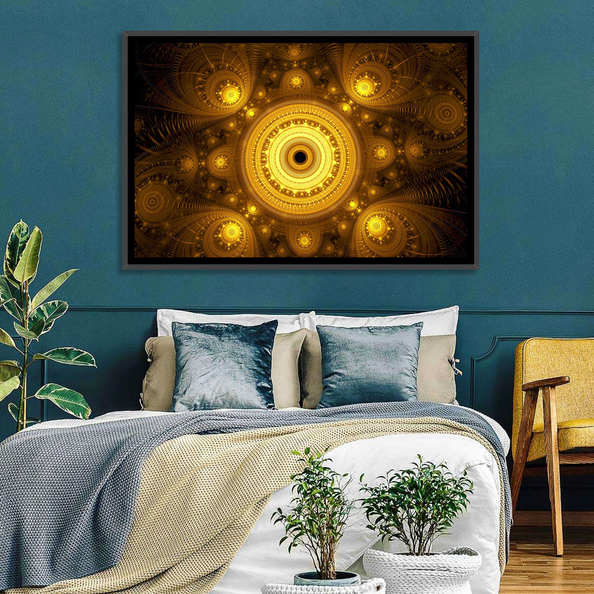 Golden Fractal Mandala Wall Art in a room, landscape