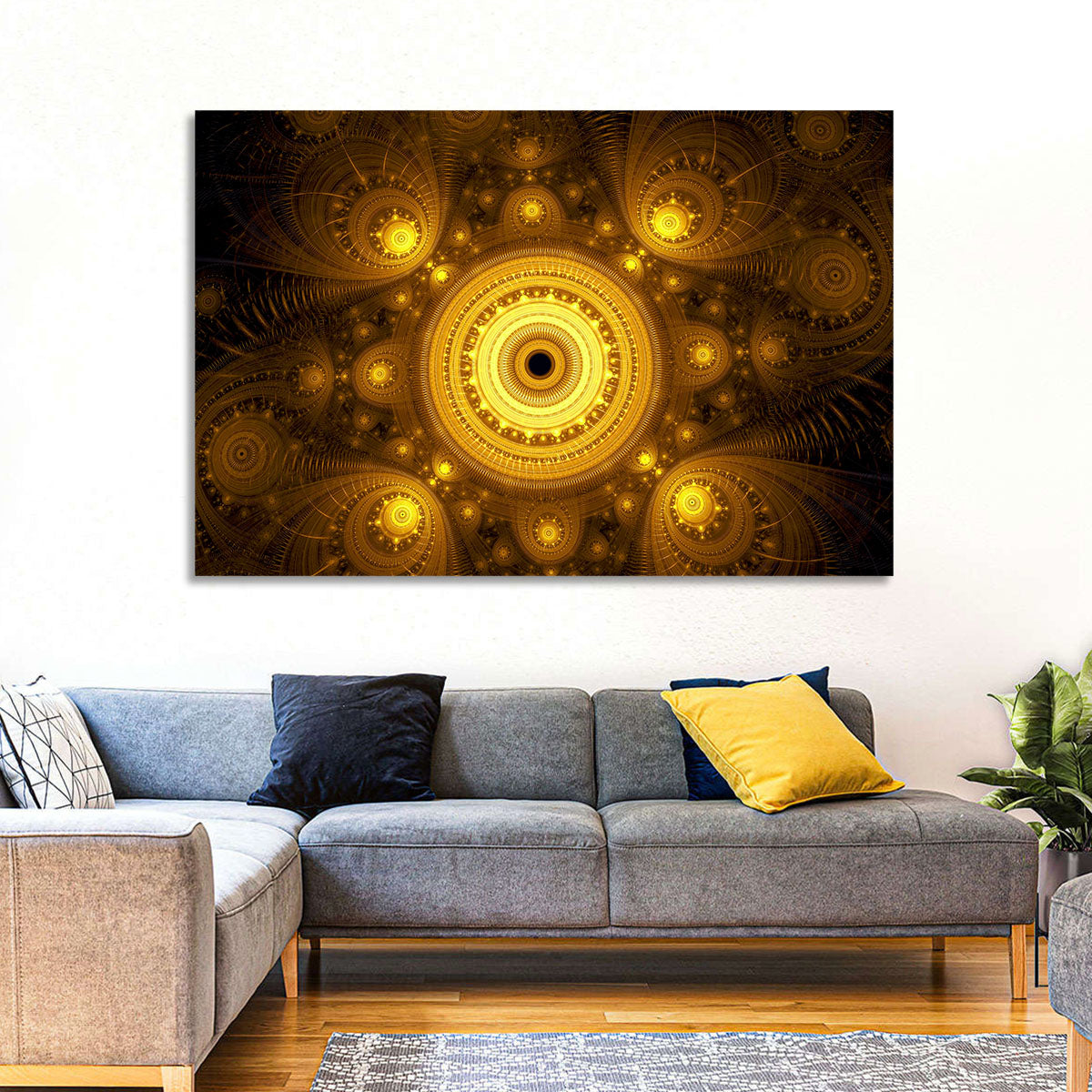 Golden Fractal Mandala Wall Art in a room, landscape