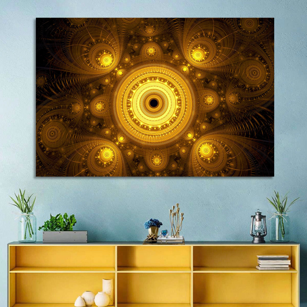 Golden Fractal Mandala Wall Art in a room, landscape