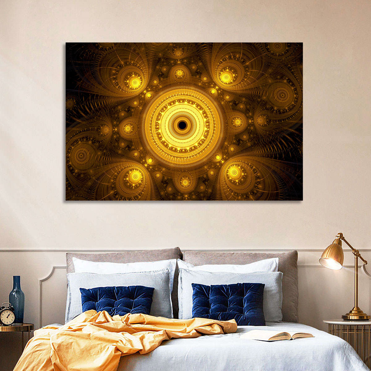 Golden Fractal Mandala Wall Art in a room, landscape