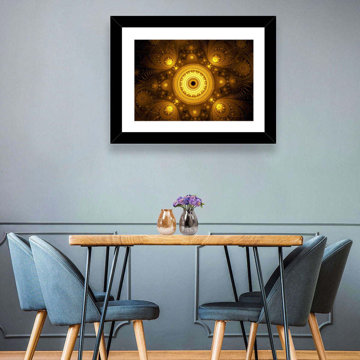 Golden Fractal Mandala Wall Art in a room, landscape