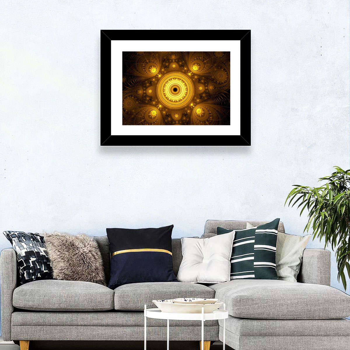 Golden Fractal Mandala Wall Art in a room, landscape