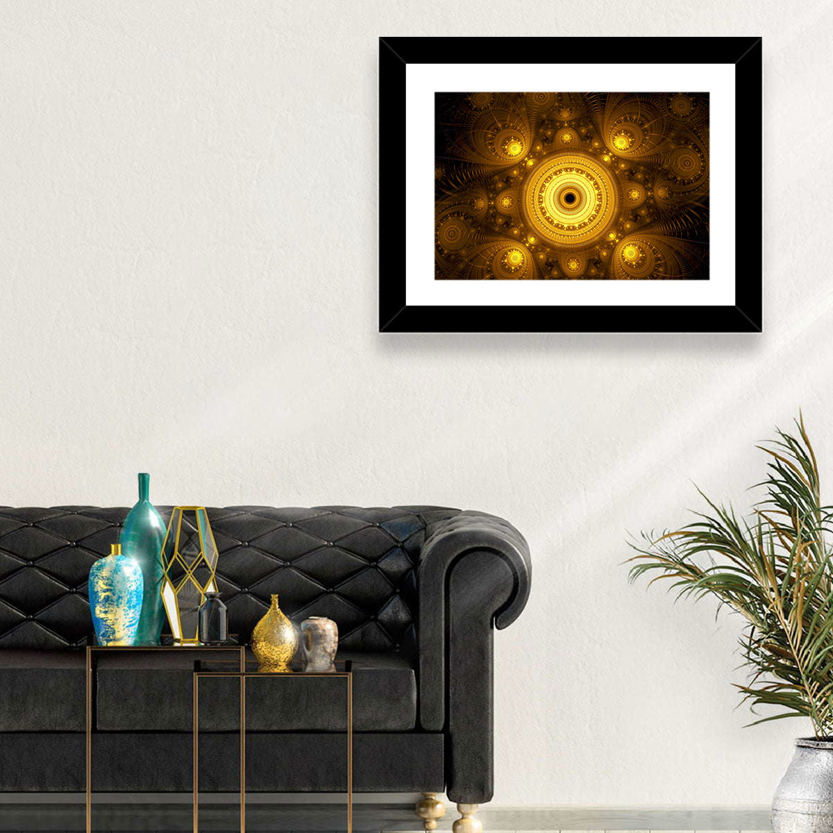 Golden Fractal Mandala Wall Art in a room, landscape