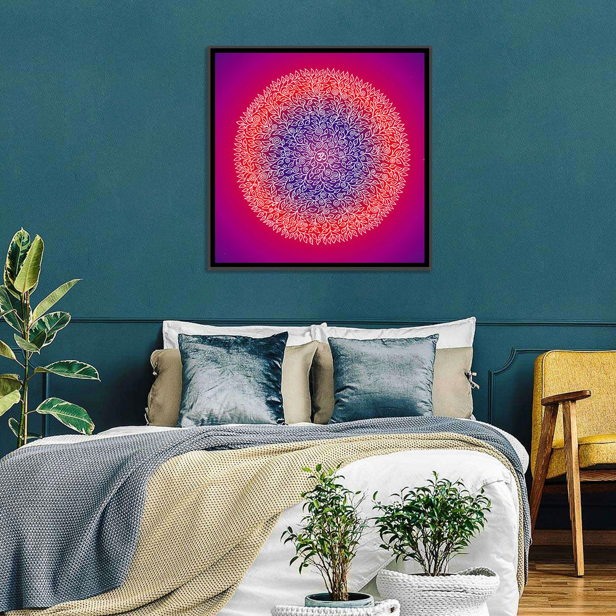 Botanical Om Mandala Wall Art in a room, square