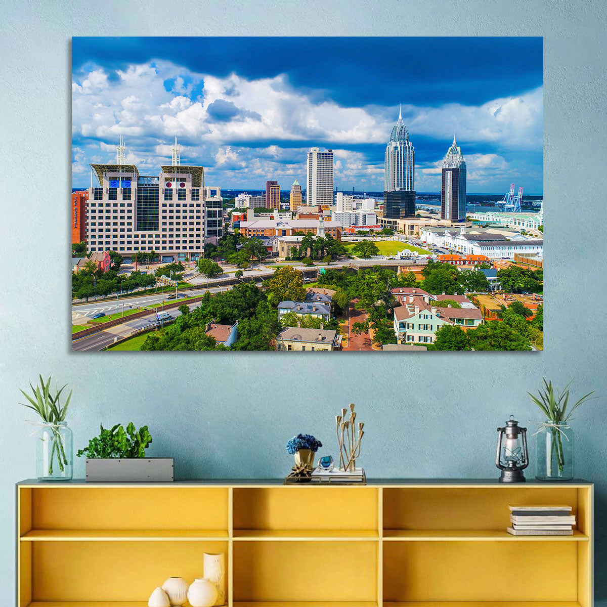 Mobile Skyline with Rsa Battle House Tower Wall Art in a room, landscape