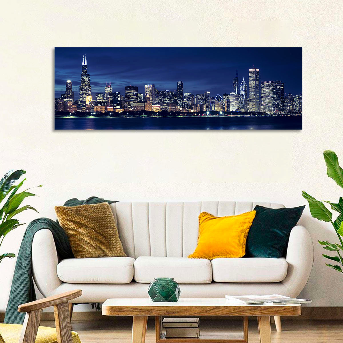 Chicago Night Skyline with Willis Tower Wall Art in a room, panoramic