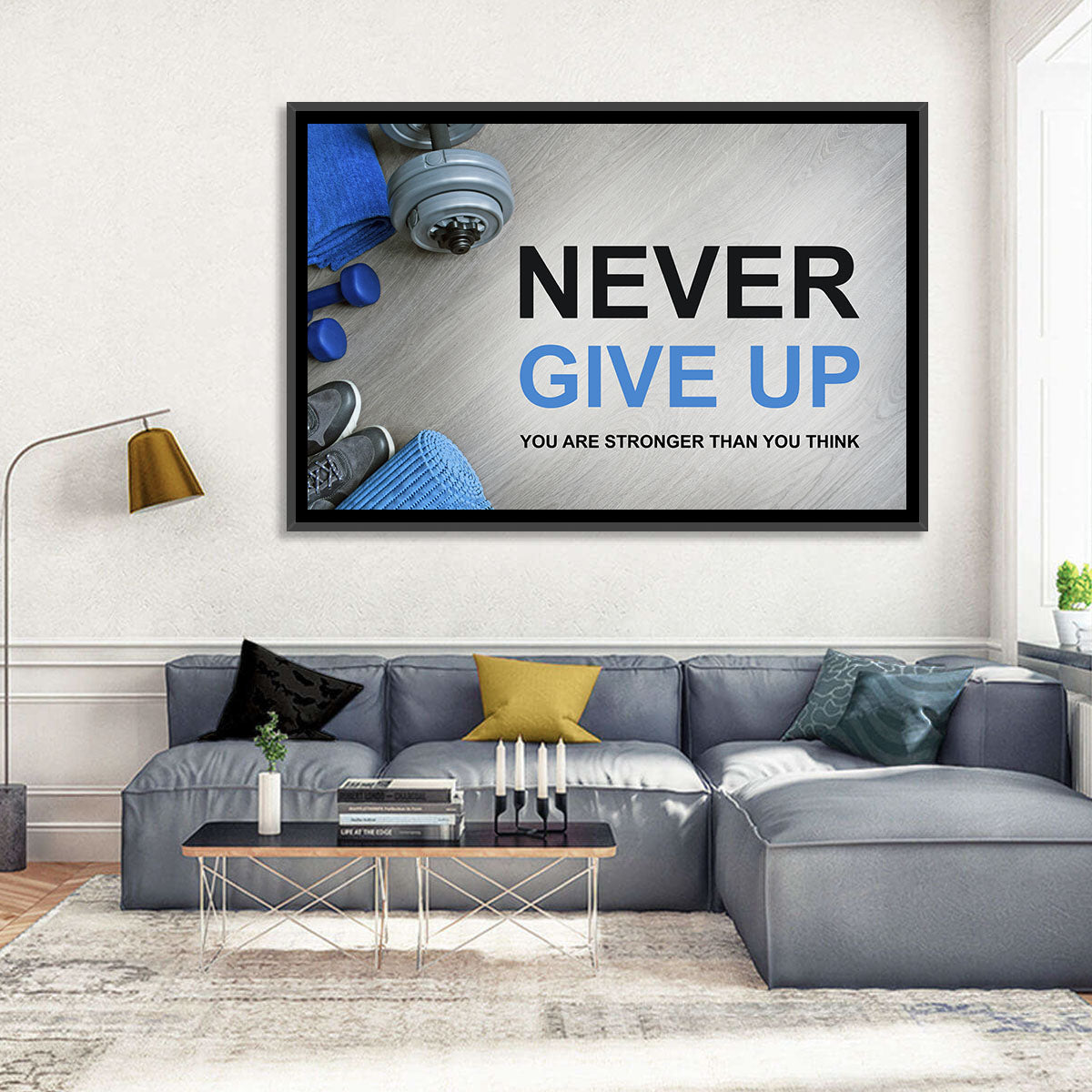 Never Give Up Fitness Typography Wall Art in a room, landscape